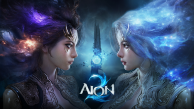 Arte-chave oficial de AION 2, mostrando personagens em combate aéreo