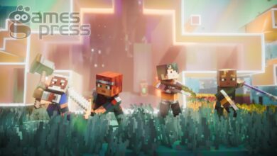 Captura de gameplay de Minecraft Dungeons II, com heróis explorando ambiente
