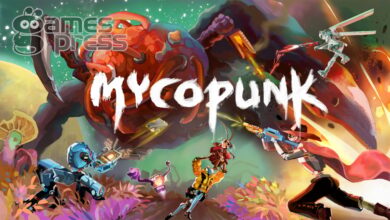 Arte-chave de Mycopunk mostrando os robôs jogáveis em cenário alienígena