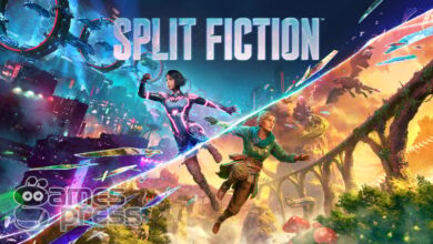 Arte-chave de Split Fiction, de Hazelight Studios, mostrando os dois protagonistas em cenários opostos