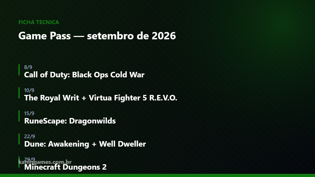 Calendário do Game Pass de setembro de 2026
