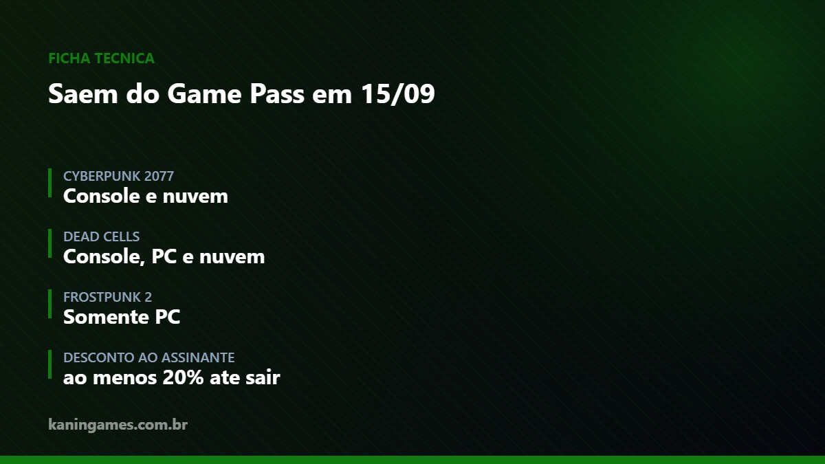 Ficha com os principais jogos que saem do Game Pass em 15 de setembro