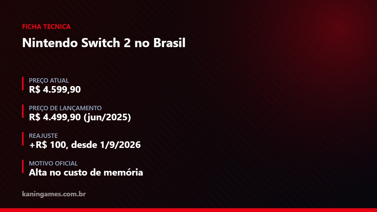 Ficha técnica com o preço do Nintendo Switch 2 no Brasil
