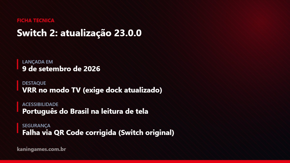 Ficha técnica: atualização 23.0.0 do Nintendo Switch 2