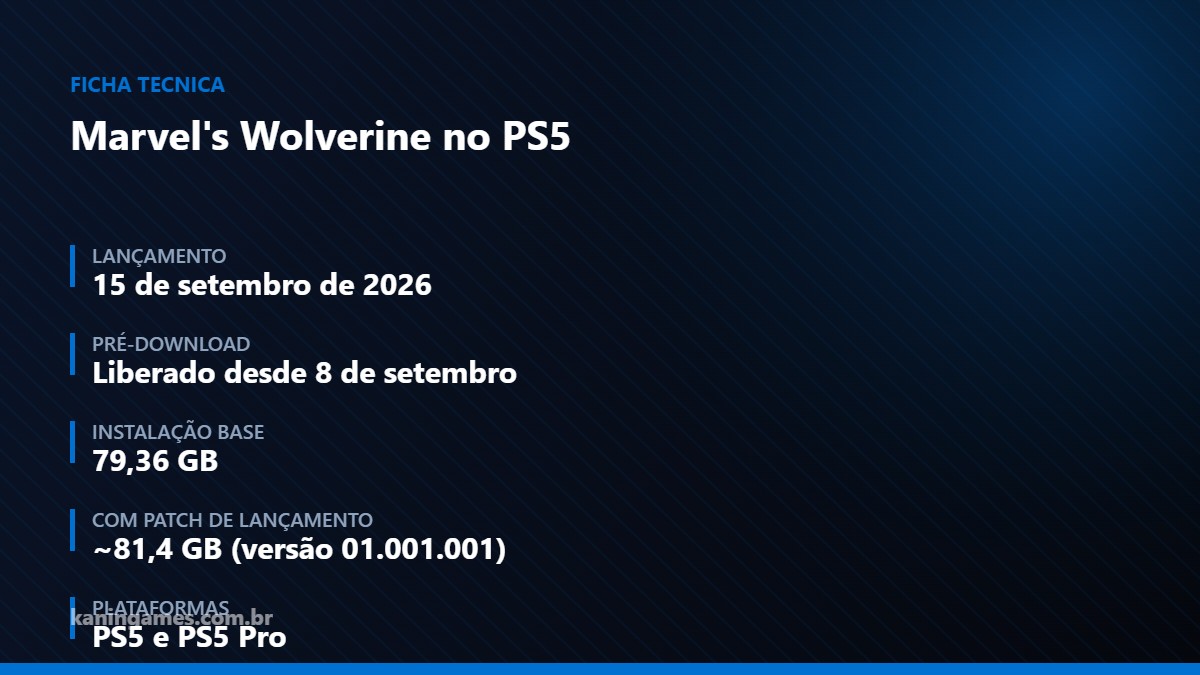Ficha com data de lançamento, tamanho de instalação e plataformas de Marvel's Wolverine