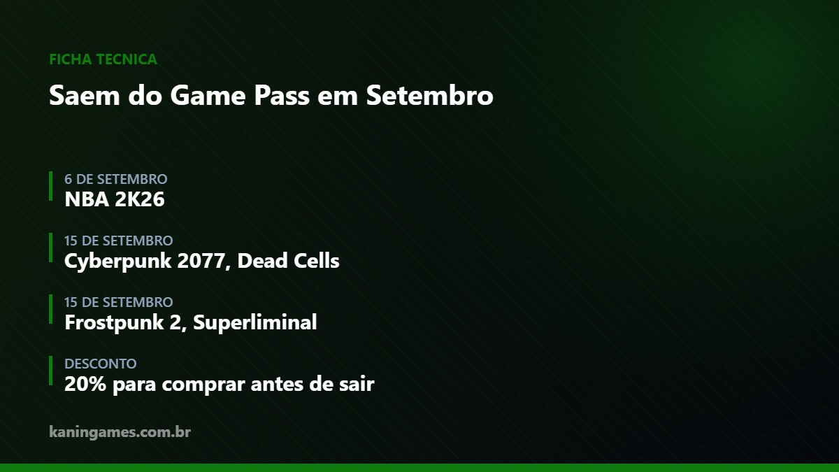 Datas de saída de jogos do Xbox Game Pass em setembro de 2026